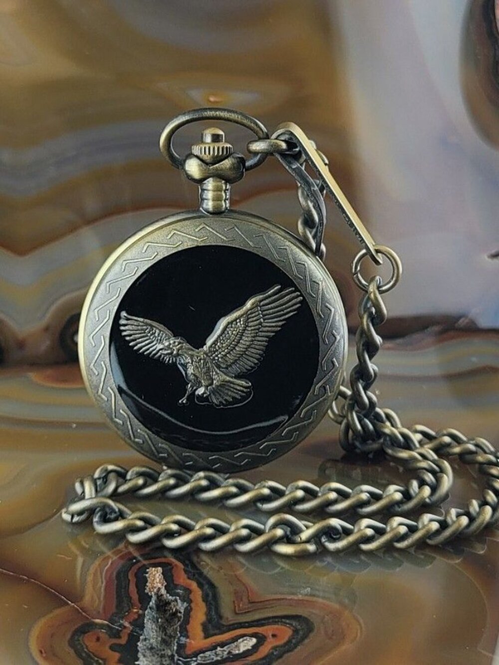 Vintage McGregor Hunt Club Black Enamel Eagle Pocket Watch with Date